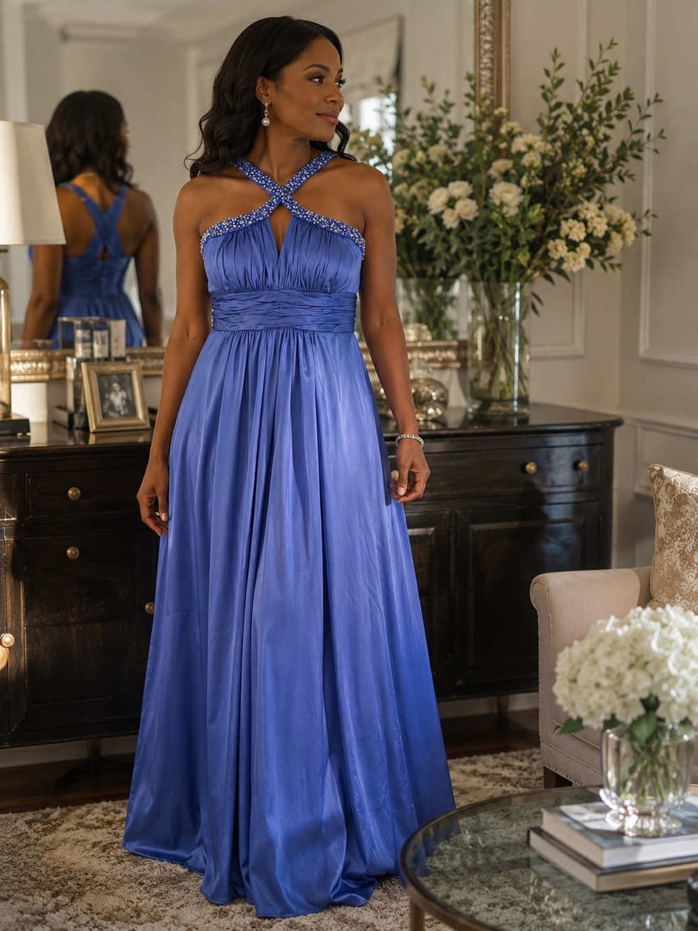 Marc Bouwer Beaded Cobalt Blue Halter Maxi Dress - 100% Silk - Size 8